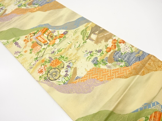 アンティーク　道長取りに御所車・屋敷風景・草花模様織り出し袋帯（材料）